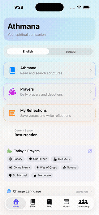 Athmana app preview cycling through Home, Bible, Read, Notes, and Community screens